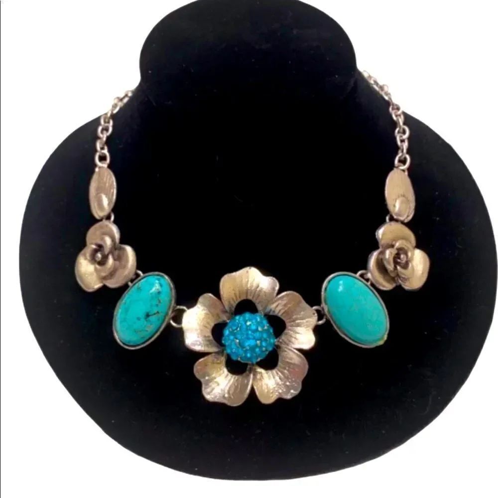 Silver Bold Floral Blue Crystal and Turquoise Statement Necklace